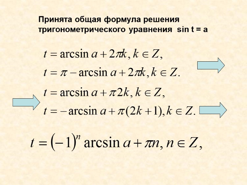 Принята общая формула решения тригонометрического уравнения  sin t = a